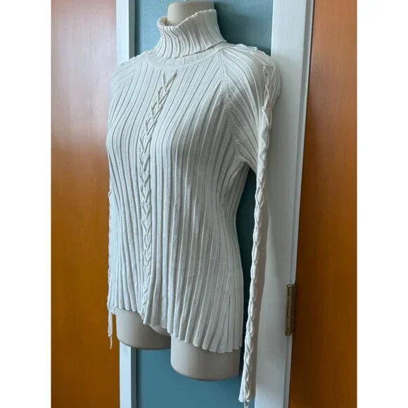Vintage Cache Womens Turtleneck Size M Ivory Ribbed w Braided Sleeves and Front - Picture 5 of 16